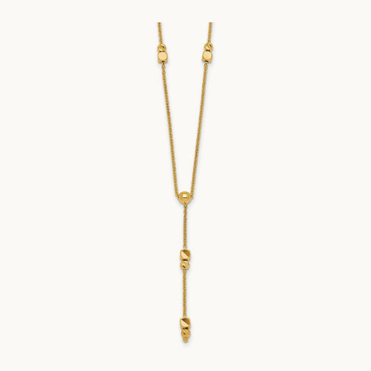 Polished Diamond-cut & Beaded Lariat 16in w/2in Ext Necklace, 14K