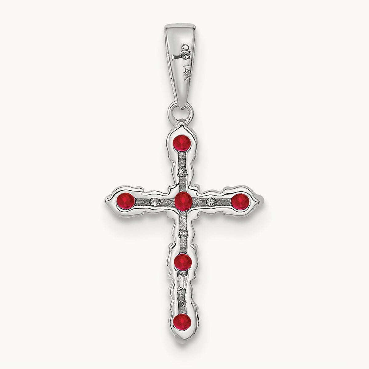Lab Created Ruby and Diamond Cross Pendant — 14K White Gold