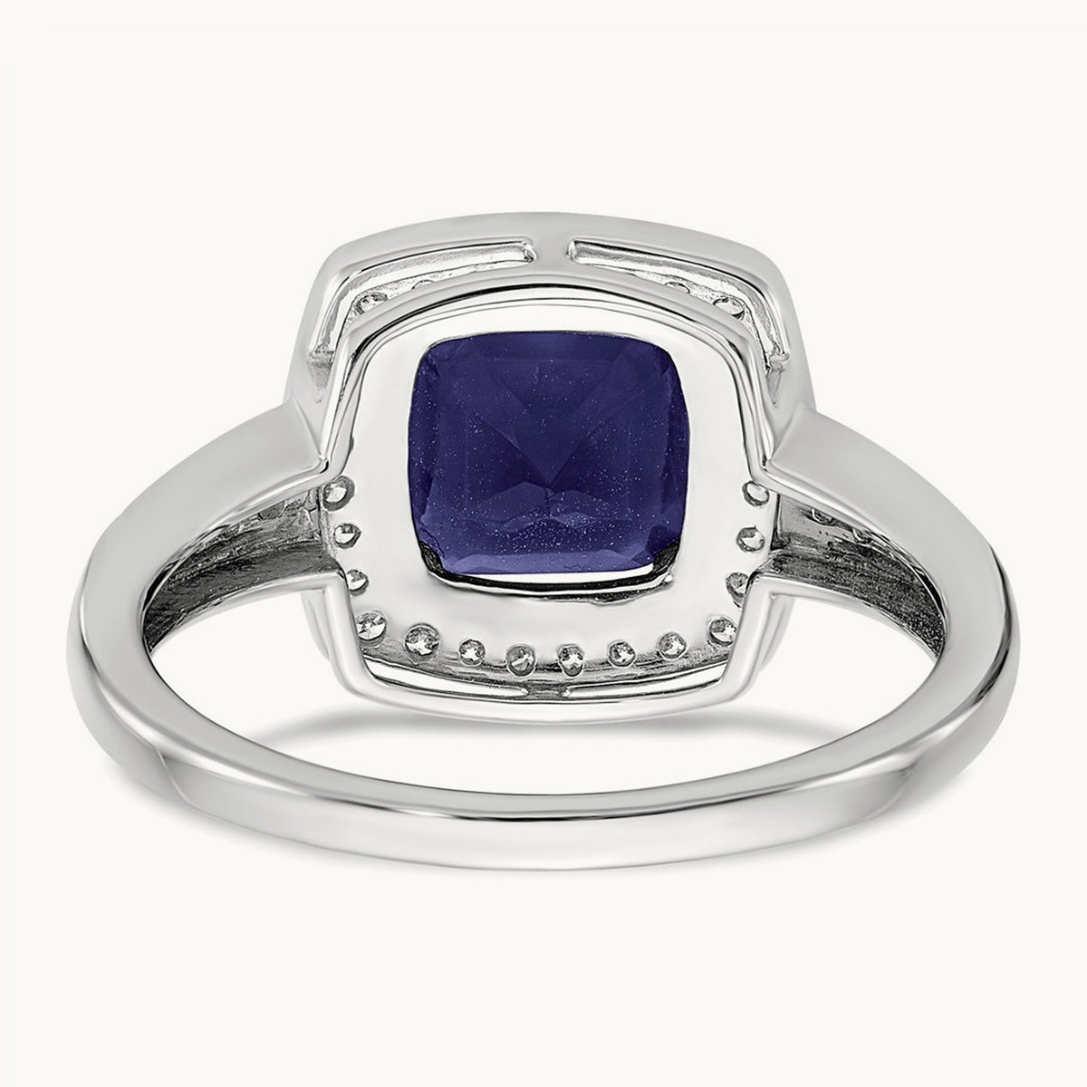 Cushion Created Sapphire and Diamond Halo Ring, 14K White Gold