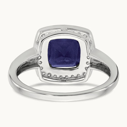 Cushion Created Sapphire and Diamond Halo Ring, 14K White Gold