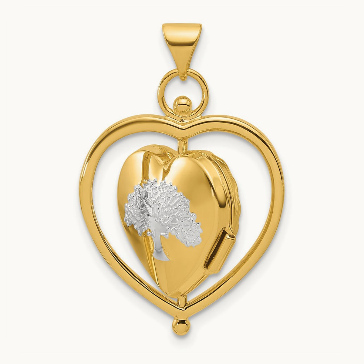 & Rhodium Tree Flowers Spinning Reversible Heart Locket, 15mm, 14K