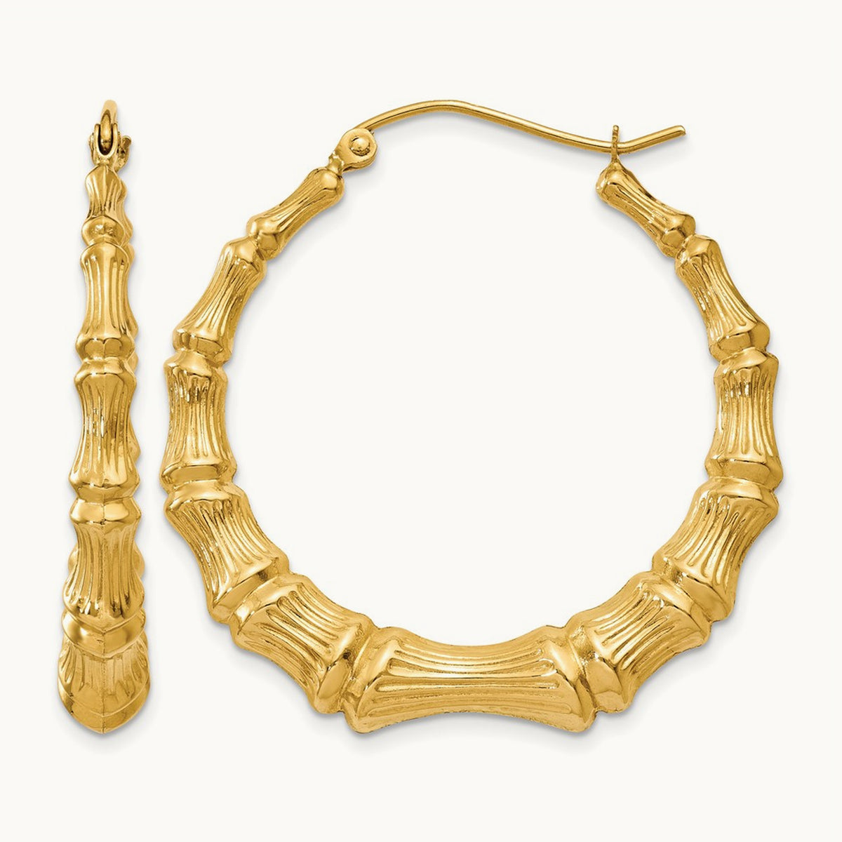 Polished Bamboo Hoop Earrings — 14K Yellow Gold, 34.5mm