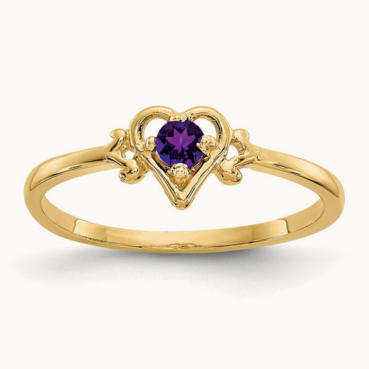 Amethyst Birthstone Heart Ring — 14K Yellow Gold, 7