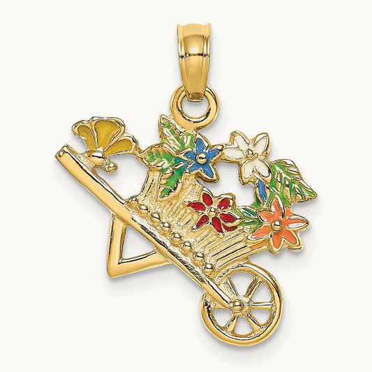 3-D Multi-color Enamel flower Cart Charm, 14K
