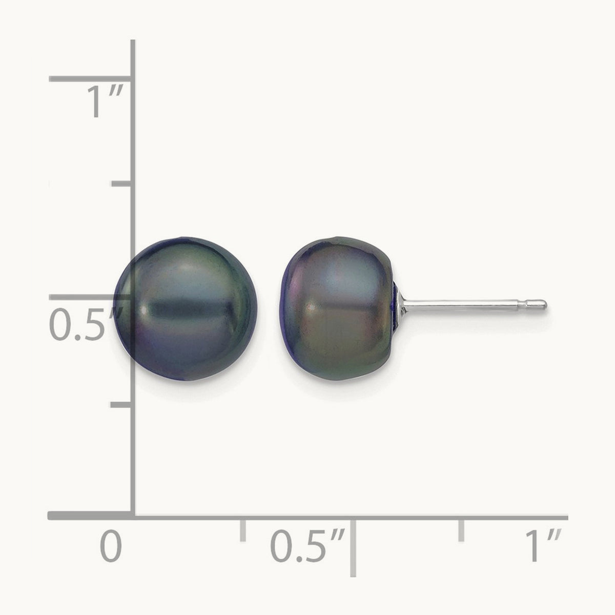 Black Button Freshwater Cultured Pearl Stud Post Earrings — 14K White Gold