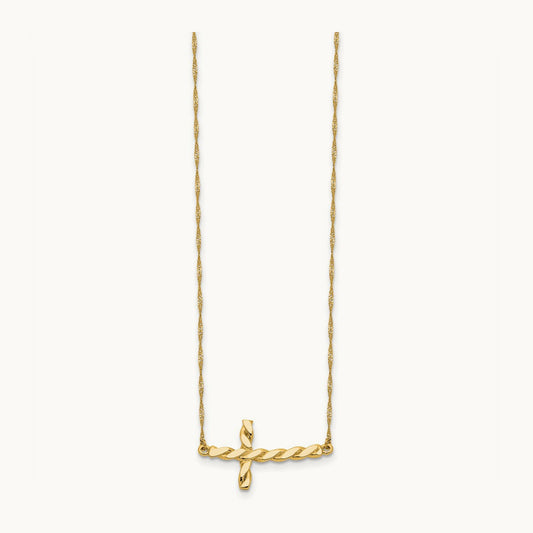 Polished Twisted Sideways Cross 17 inch Necklace — 14K Yellow Gold