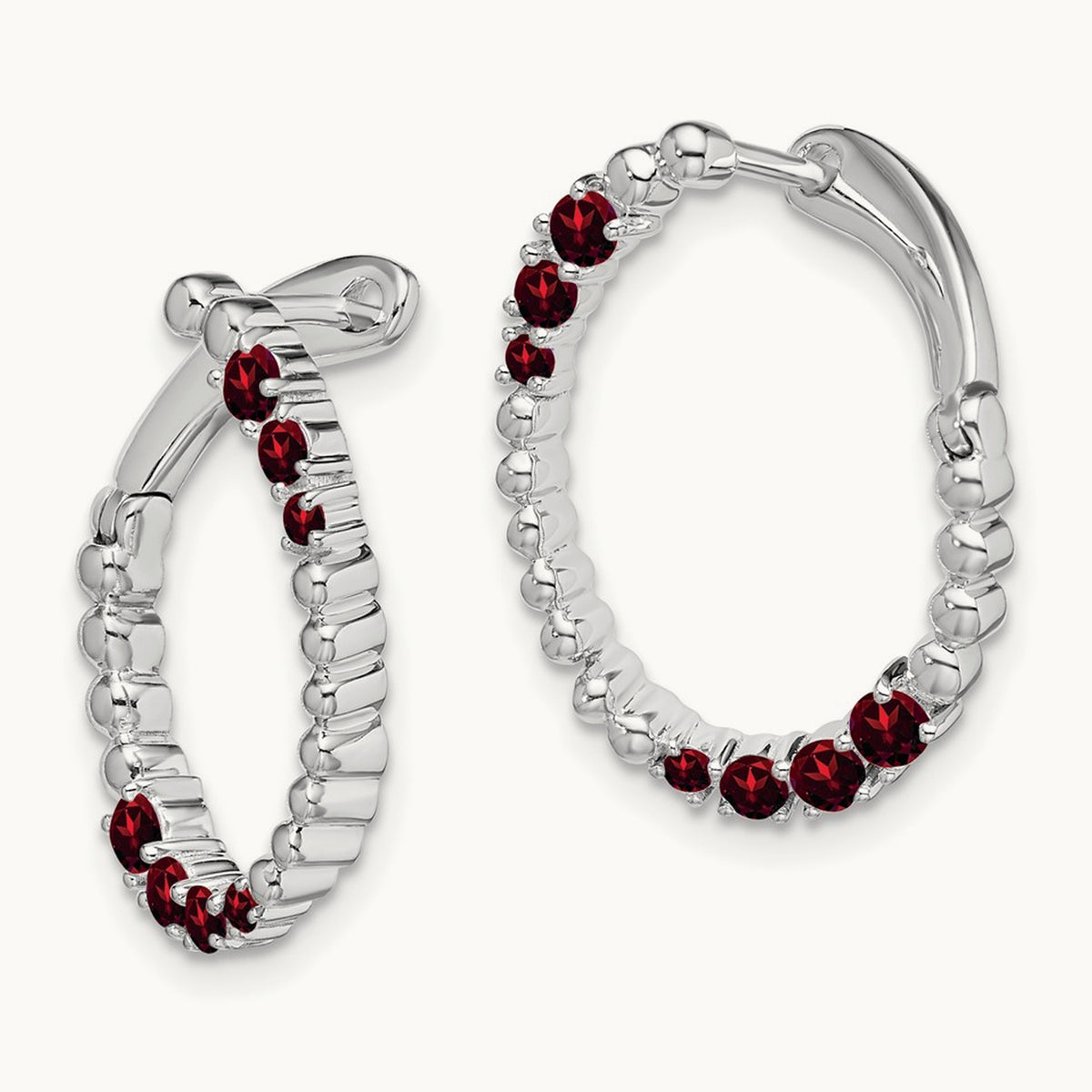 Garnet Oval Hoop Earrings, 14K White Gold
