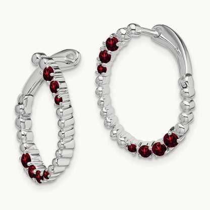Garnet Oval Hoop Earrings, 14K White Gold