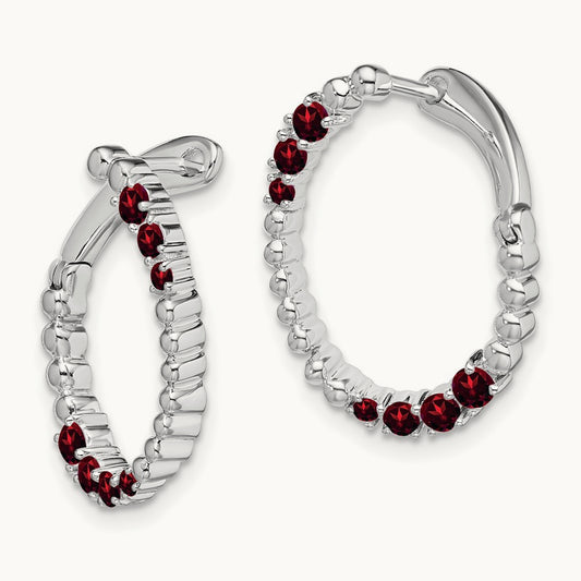 Garnet Oval Hoop Earrings, 14K White Gold