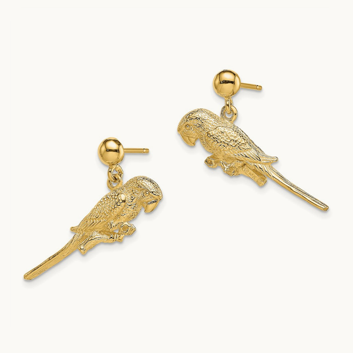 3-D Parrot Dangle Earrings, 14K