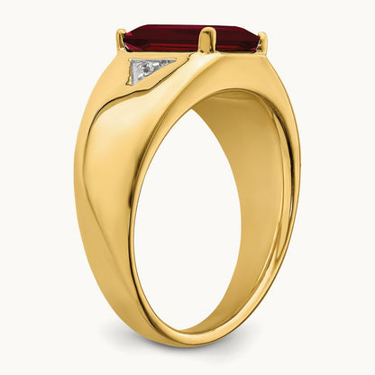 Emerald-cut Created Ruby and Diamond Polished Mens Ring, 14K