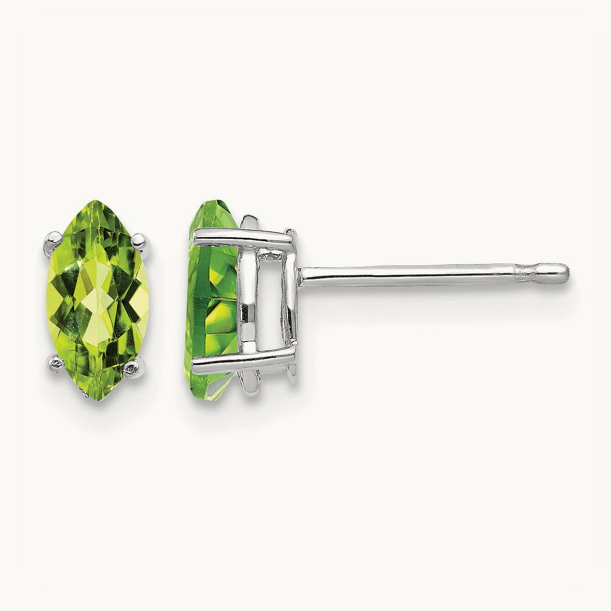 7x3. Peridot Marquise Stud Earring, 5mm, 14K White Gold