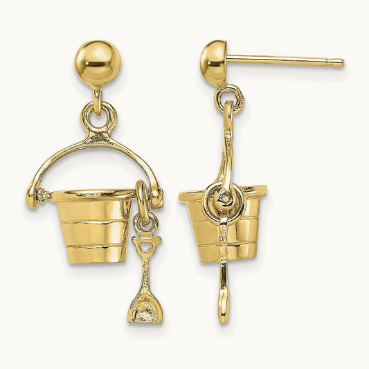 3-D Beach Bucket w/ Shovel Dangle Earrings, 14K