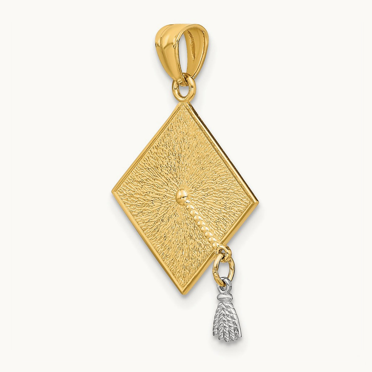 w/Rhodium 3-D Graduation Cap w/Moveable Tassel Pendant, 14K