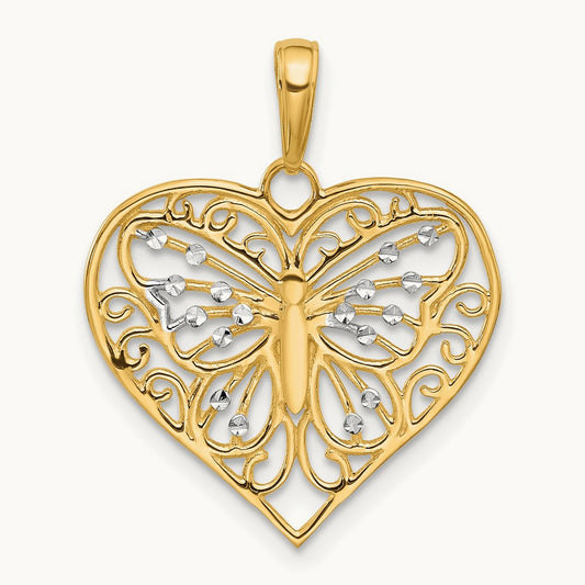 D/C Butterfly Heart Pendant, 14K with White Rhodium
