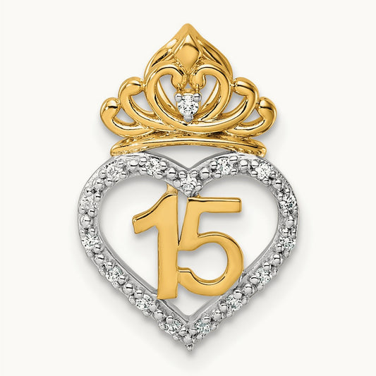 Polished Diamond Quinceanera Heart/Crown Chain Slide, 14K Two-tone