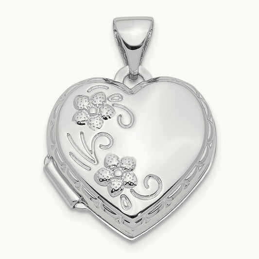 Polished Reversible Floral Heart Locket, 14K White Gold