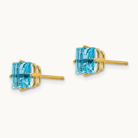 Princess Cut Blue Topaz Earrings, 6mm, 14K