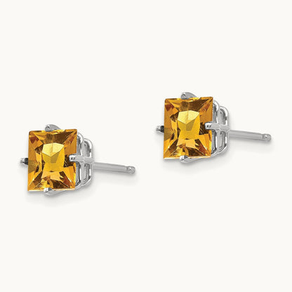 Princess Cut Citrine Earrings, 6mm, 14K White Gold