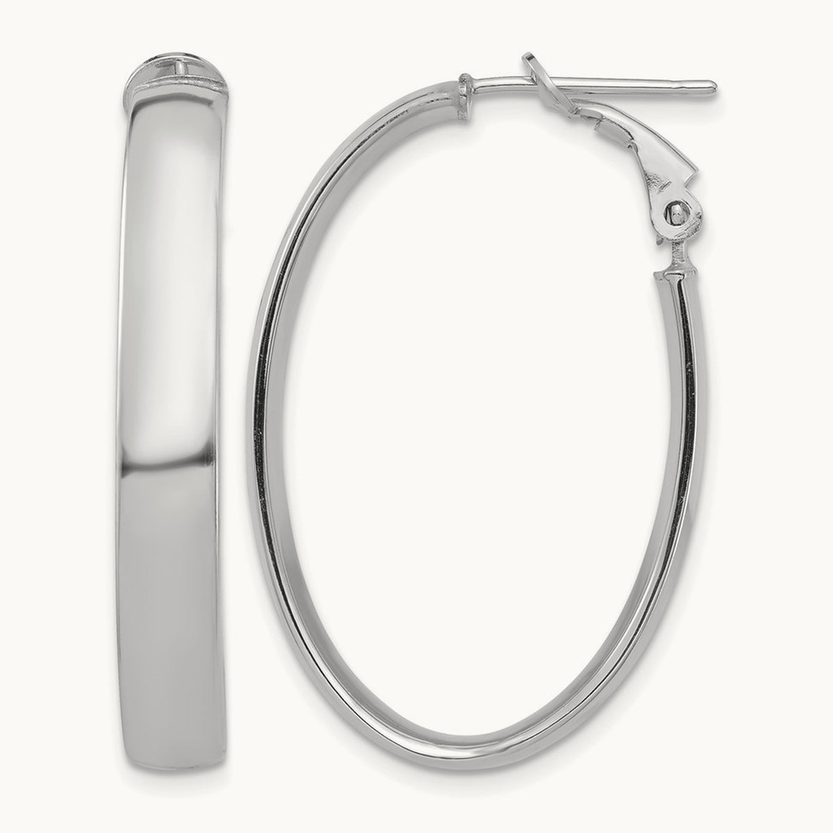 High Polished Oval Omega Back Hoop Earrings — 14K White Gold