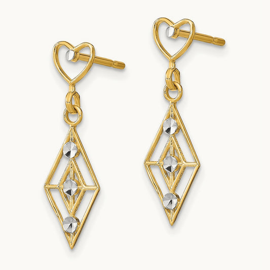 w/RH Dia.-cut Diamond Shape Heart Dangle Earrings, 14K