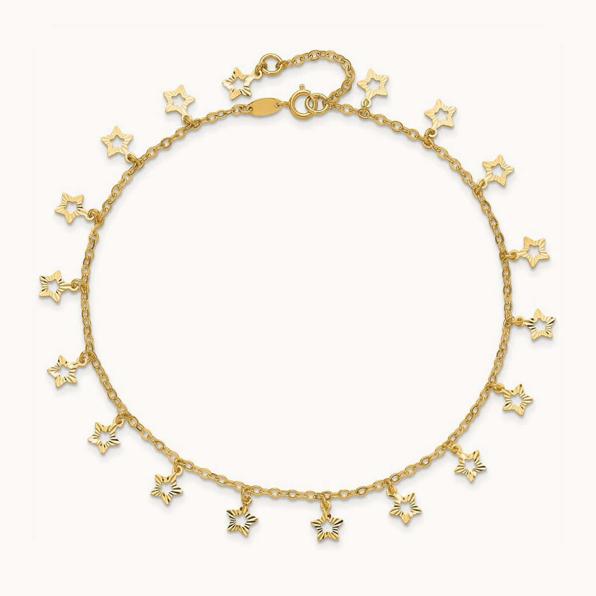 Polished and Textured Star 9in Plus 1in ext. Anklet, 14K