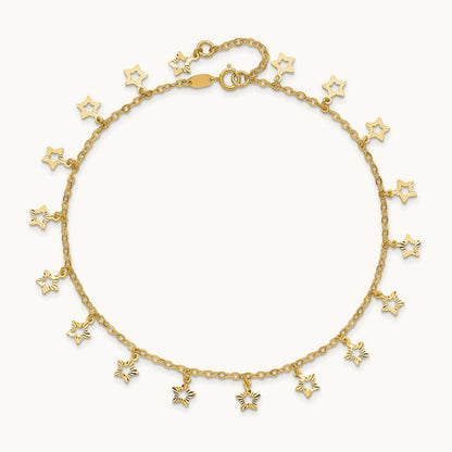 Polished and Textured Star 9in Plus 1in ext. Anklet, 14K