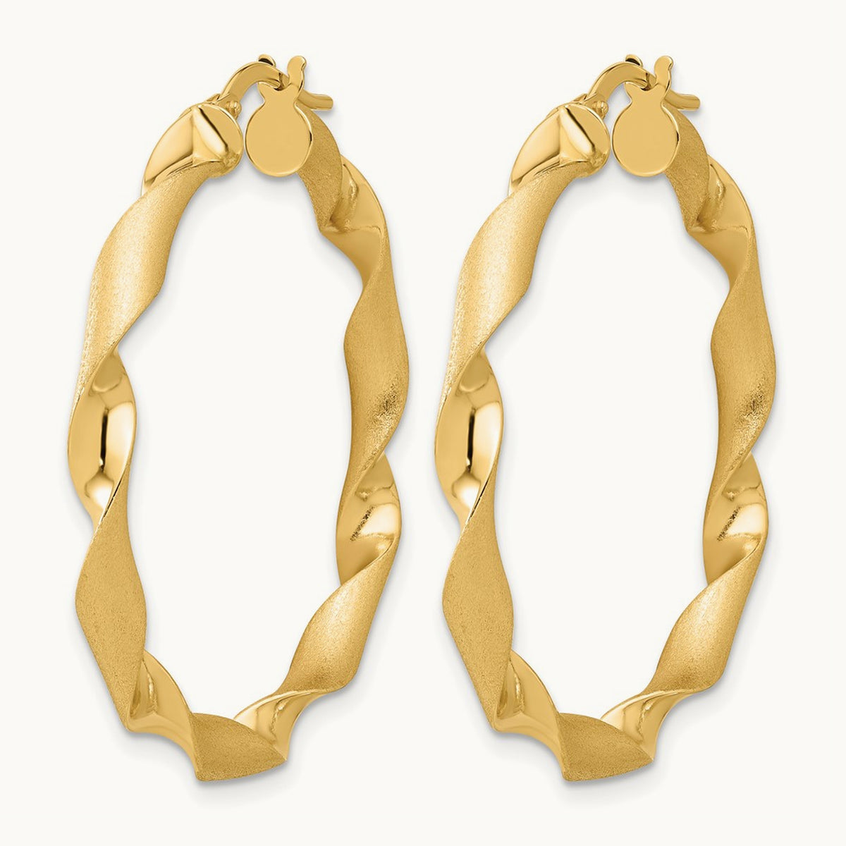 Polished and Brushed Twisted Hoop Earrings — 14K Yellow Gold, 39mm