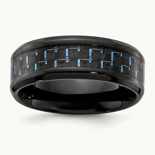 Black Titanium Polished with Black & Blue Carbon Fiber Inlay Band, 8mm