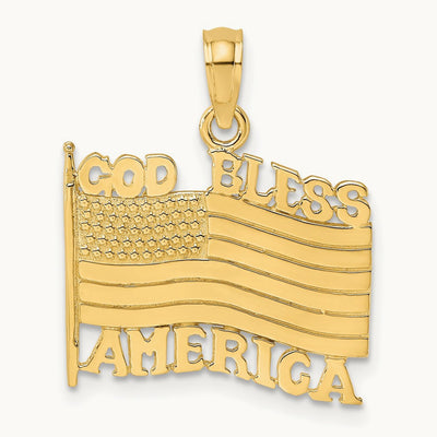 Polished Textured God Bless America w/ Flag Charm, 14K