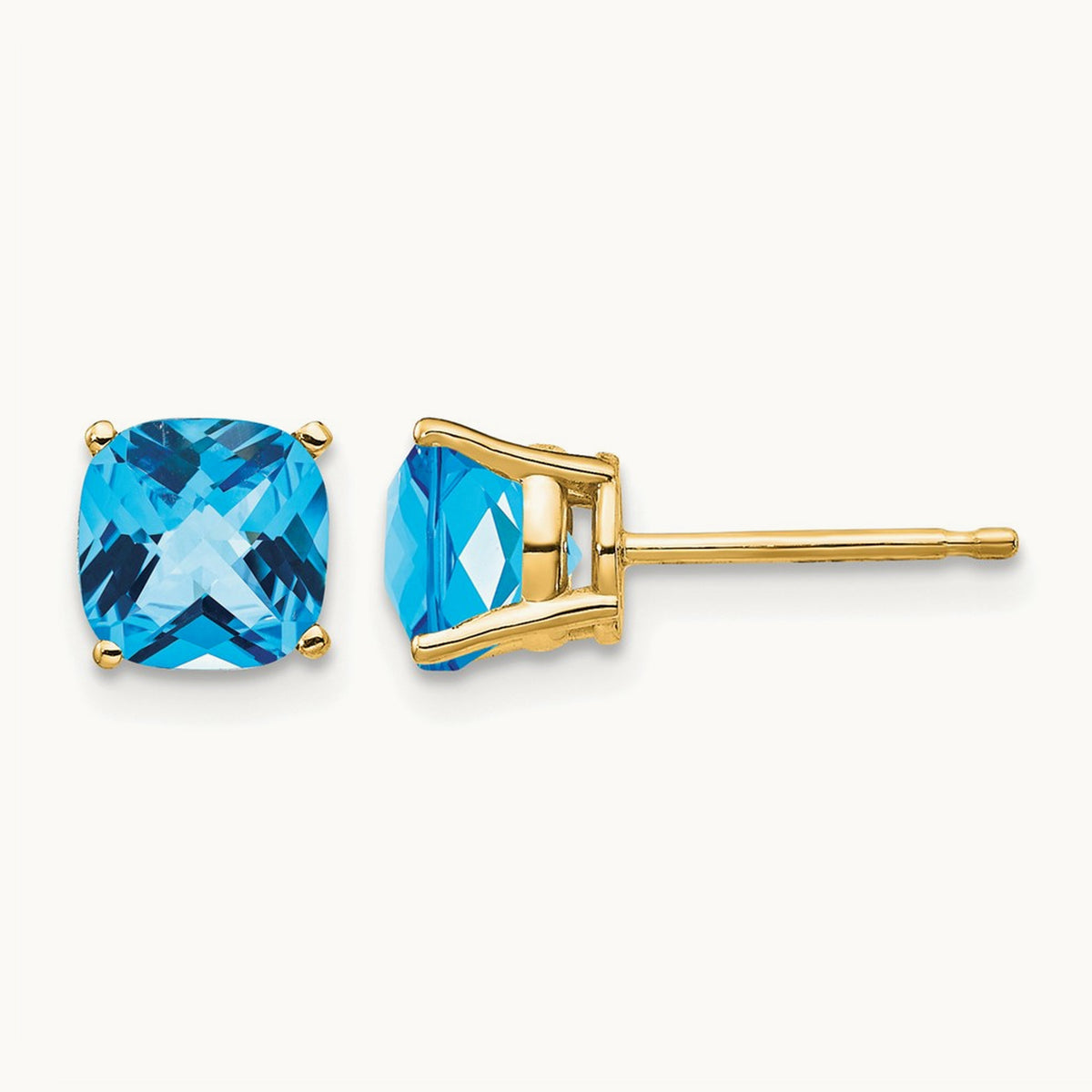 6x6mm Cushion Blue Topaz Checker earring, 14K