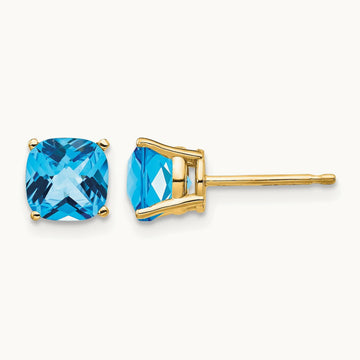 6x6mm Cushion Blue Topaz Checker earring, 14K