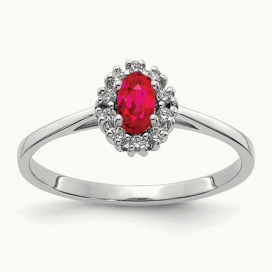 Diamond and Oval Ruby Halo Ring, 14K White Gold