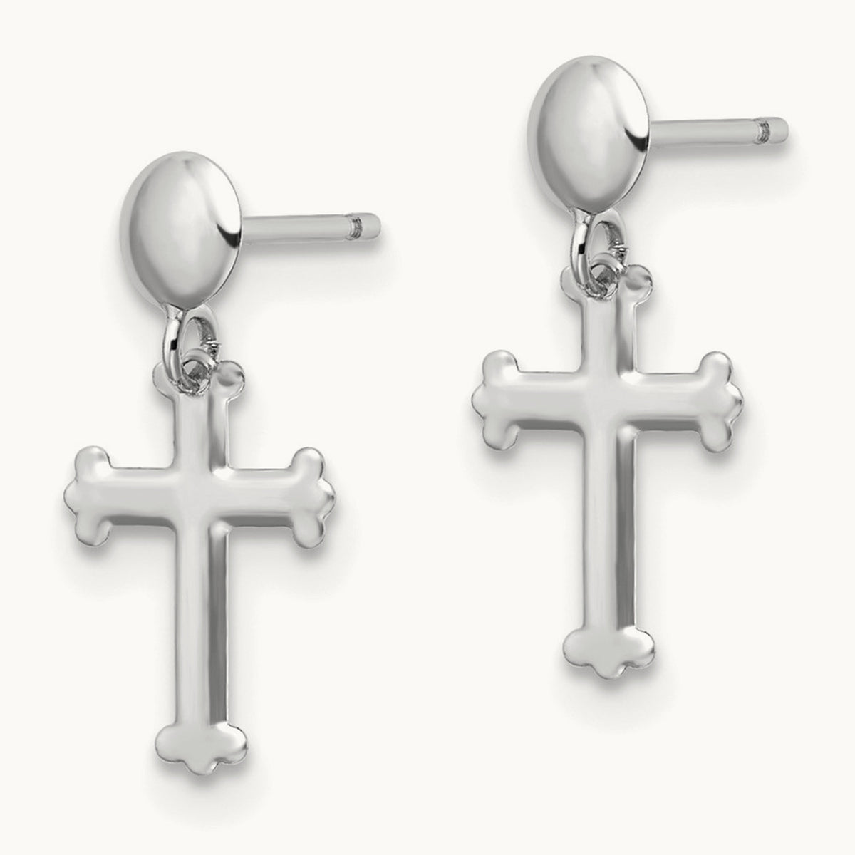 Polished Cross Post Dangle Earrings — 14K White Gold