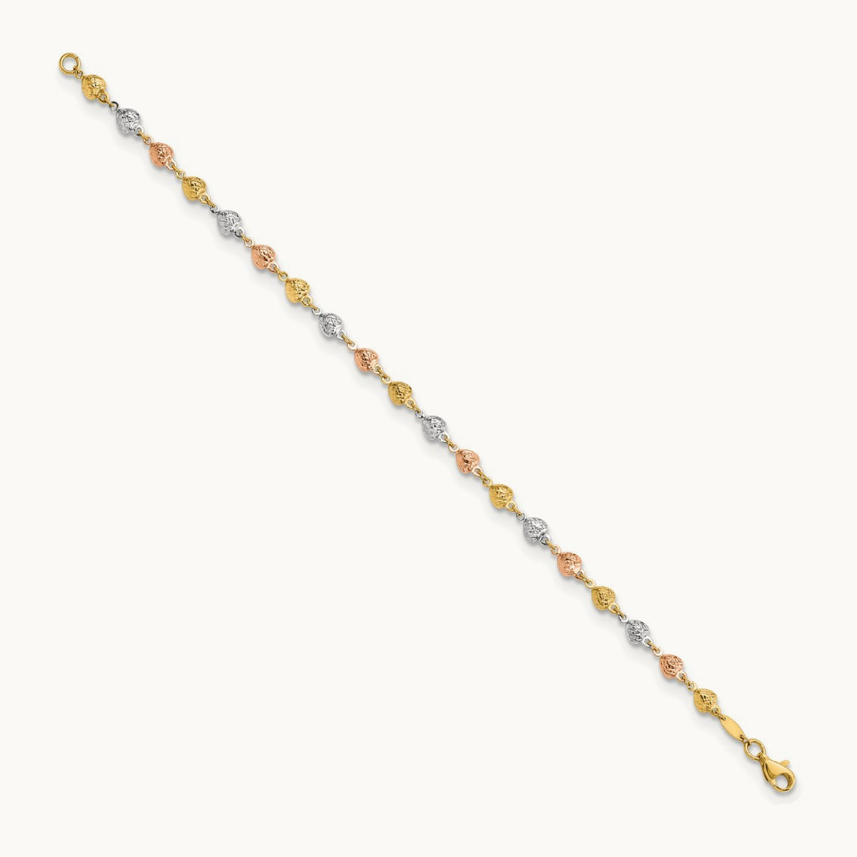 Tri-color Polished Diamond-Cut Hearts 7.5in Bracelet, 14K