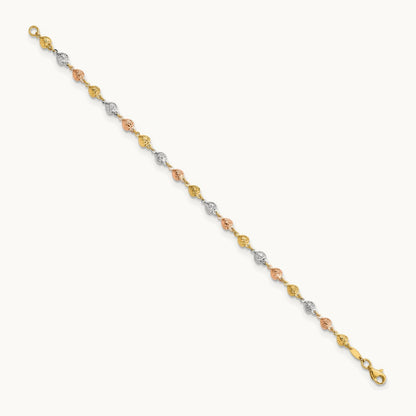 Tri-color Polished Diamond-Cut Hearts 7.5in Bracelet, 14K