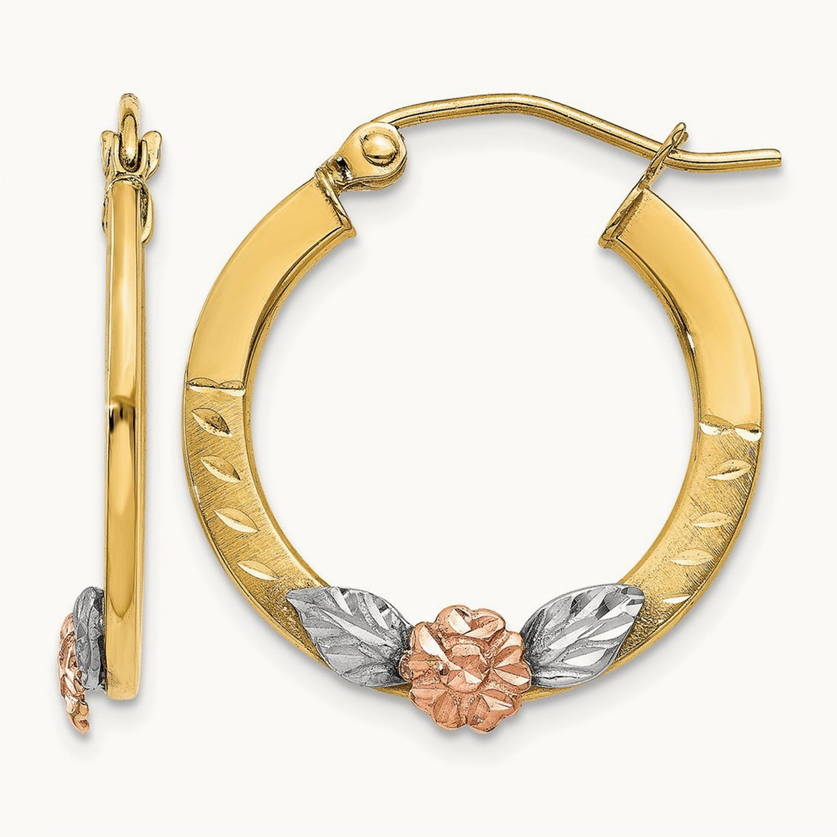 & Rose Gold w/ Rhodium Diamond Cut Flower Hoop Earrings, 14K Yellow