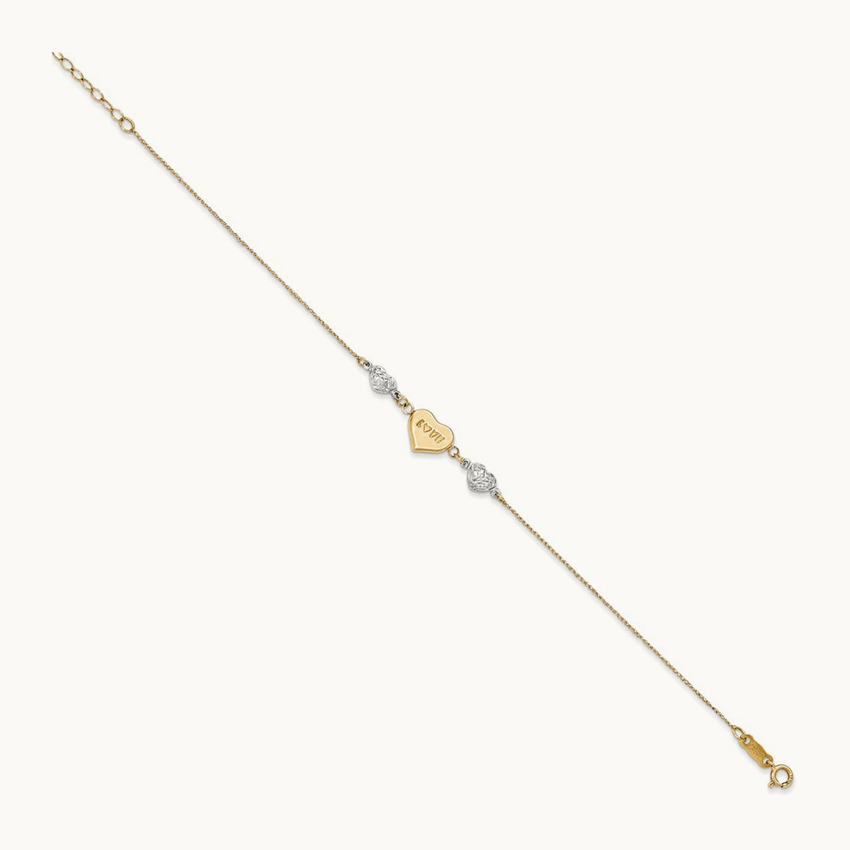 Puffed LOVE Heart & D/C Hearts Bracelet, 14K Two Tone