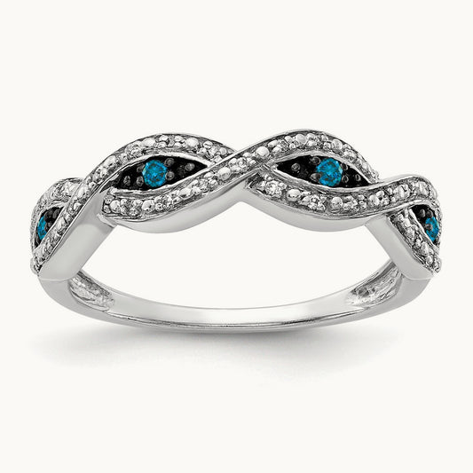 White and Blue Diamond Twist Ring, 14K White Gold