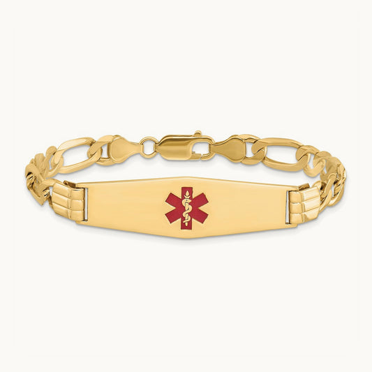 Medical Soft Diamond Shape Red Enamel Flat Figaro Link ID Bracelet, 14K