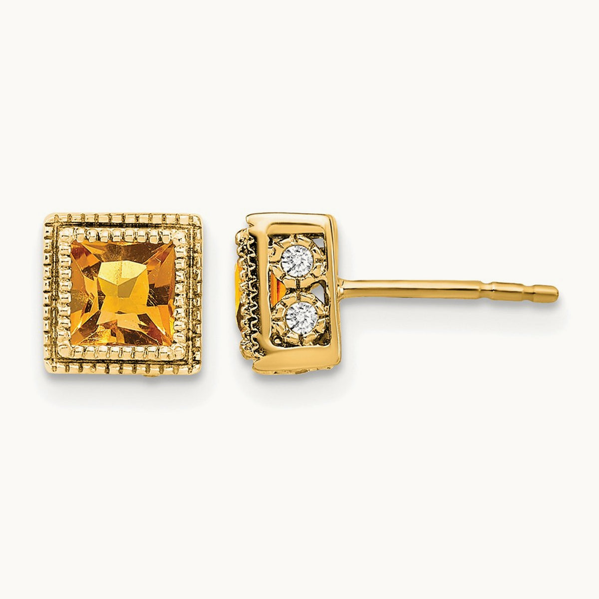Square Citrine and Diamond Earrings — 14K Yellow Gold, 6.8mm