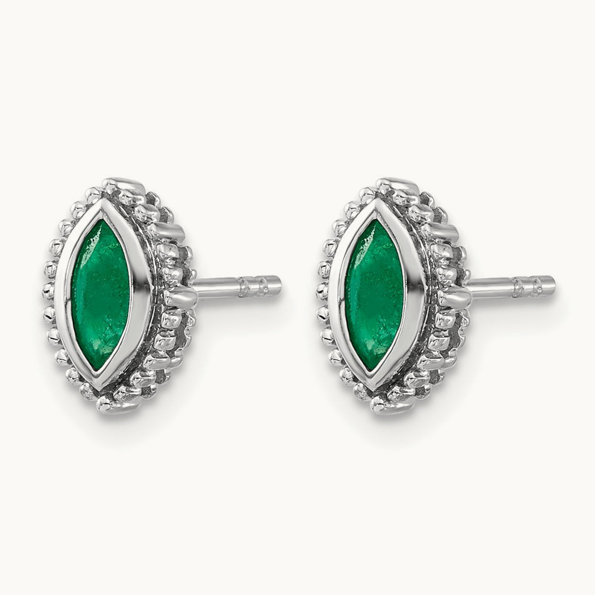 Marquise Emerald Post Earrings — 14K White Gold