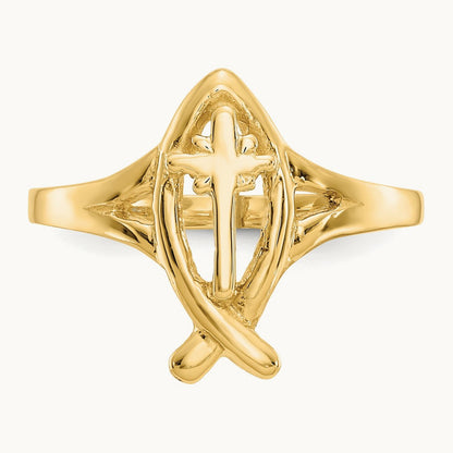 Ichthus w/Cross Ring, 14K