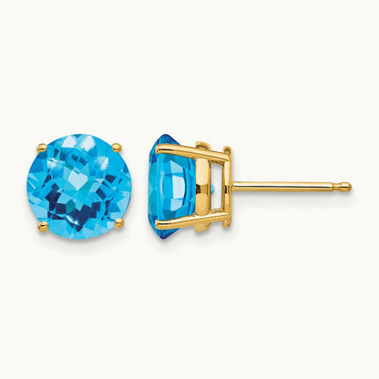 Blue Topaz Checker Earrings, 8mm, 14K