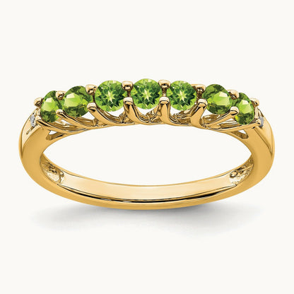 Peridot and Diamond 7-stone Ring — 14K Yellow Gold