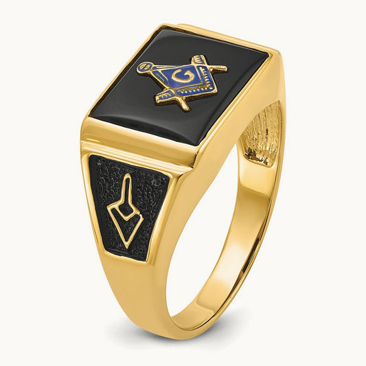 Men's Polished & Textured w/ Black Enamel & Onyx Masonic Ring, 14K