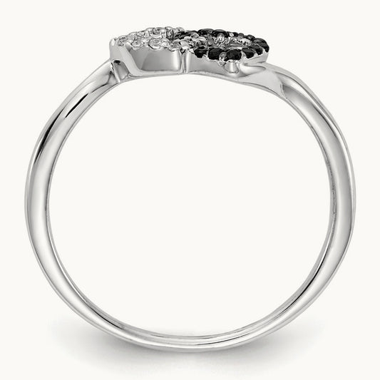 Black and White Diamond Double Heart Ring, 14K White Gold