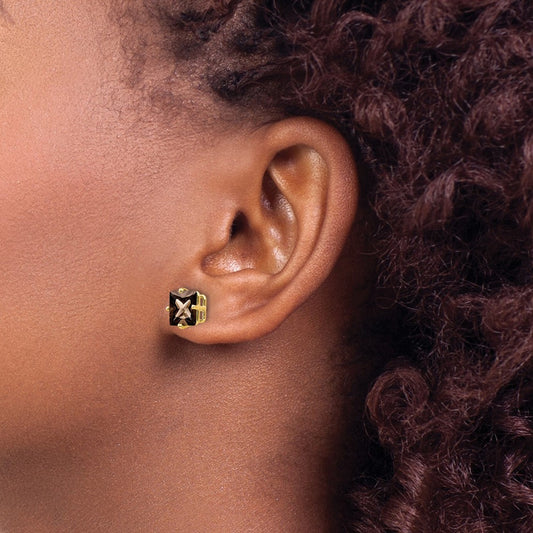 Square Checker-Cut Smoky Quartz Earrings — 14K Yellow Gold