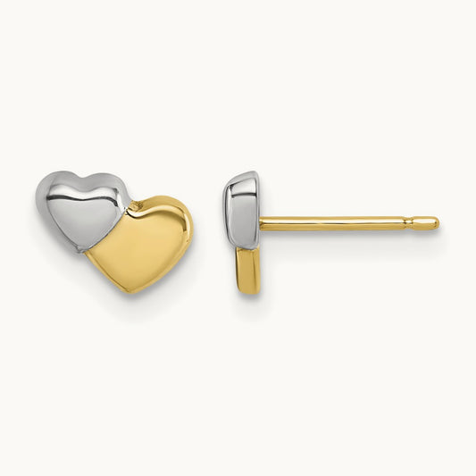 w/Rhodium Polished Double Heart Post Earrings, 14K