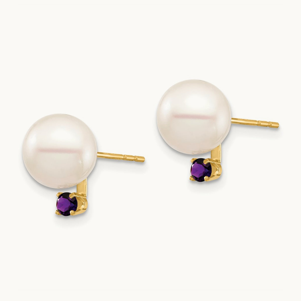 8- White Round Freshwater Cultured Pearl Amethyst Post Earrings, 8.5mm, 14K